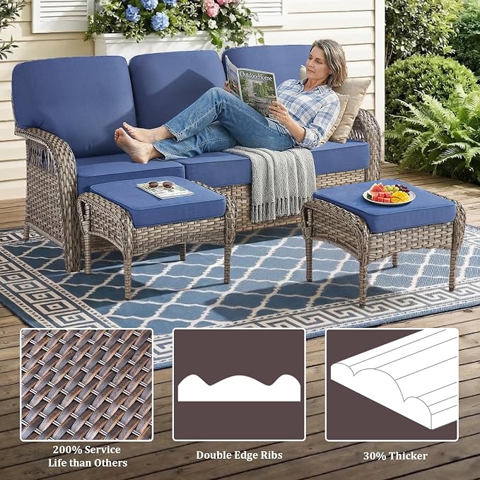 10 PCS Patio Furniture Set Outdoor Sectional Sofa Couch with Rocking Swivel Chairs 5" Deep Seat Chairs, Modern Wicker Rattan Conversation Set, Blue/Gray Wicker