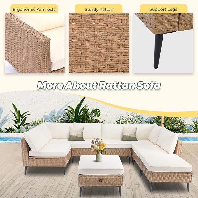 LVUYOYO 8 Pieces Outdoor Patio Furniture Set, Wicker Sectional Sofa Set for All-Weather, Rattan Conversation Sets with Cushions and Storage for Deck, Backyard, Porch (Khaki)