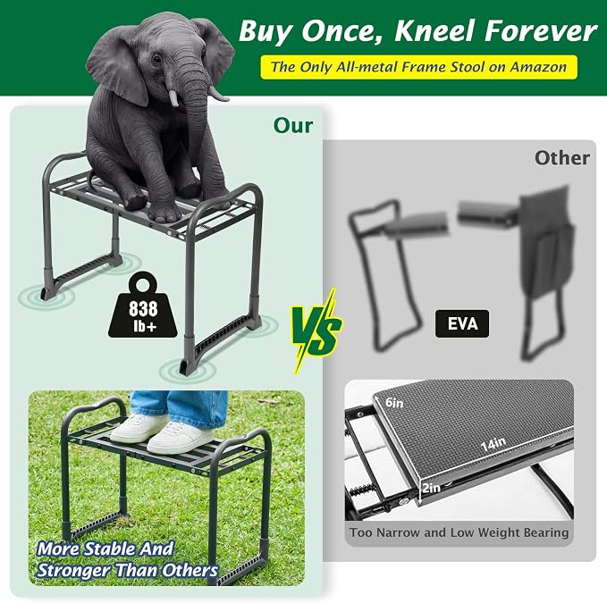 ikkle Heavy Duty Garden Kneeler and Seat, 838LB+ Capacity | Gardening Stool with Thicken & Widen Soft Kneeling Pad, Foldable Gardener Stool with Tool Pouch, Gift for Women, Gardeners