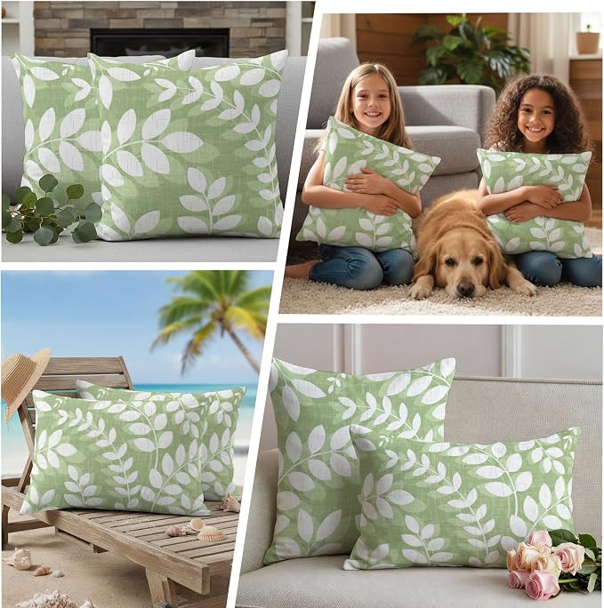 Olive Green Leaves Outdoor Waterproof Throw Pillow Covers 26x26 Set of 2, Farmhouse Botanical Branch Vintage Boho Decorative Pillowcases Cushion Pillowcase for Couch Sofa Patio Pillow Protector