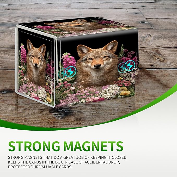 Card Deck Box for MTG, Cards Storage Box Fits 120+ Sleeved, Leather Small Size Strong Magnetic Closing Card Case for Board Games Magic TCG CCG Baseball Collection, Flower Wolf