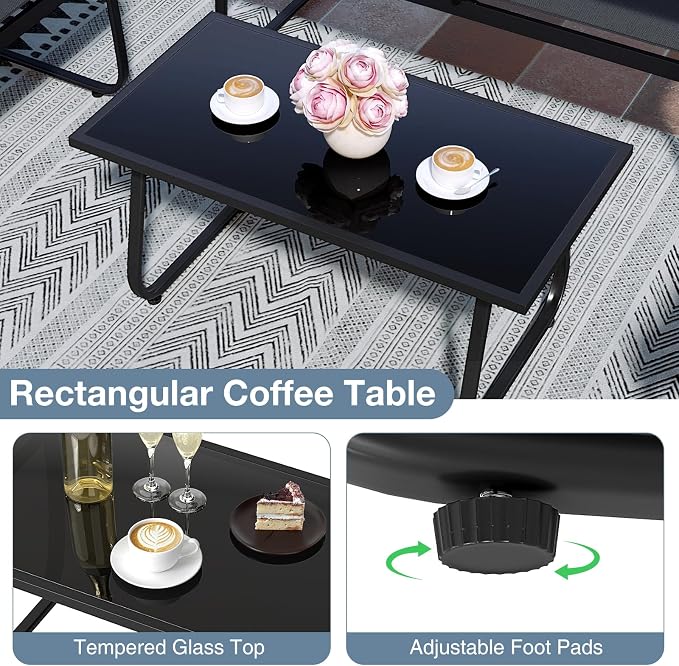 HAPPYGRILL 8 Pieces Patio Conversation Set, Fabric Lawn Chairs and Loveseat with Tempered Glass Coffee Table, Heavy Duty Metal Frame, Outdoor Furniture Set for Porch, Garden and Poolside