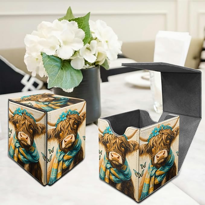 Blue Towel Cow Card Deck Box for MTG, Personalized Card Storage Case Fits 120+ Sleeved Cards, Premium Leather TCG Box with Strong Magnetic Closure for Magic, CCG, PTCG, Baseball Cards