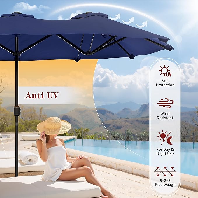 Vongrasig 15FT Large Patio Umbrella with Base Included, Outdoor Double sided Umbrellas with Crank Handle, Rectangle Table Umbrella for Pool Lawn Garden Market