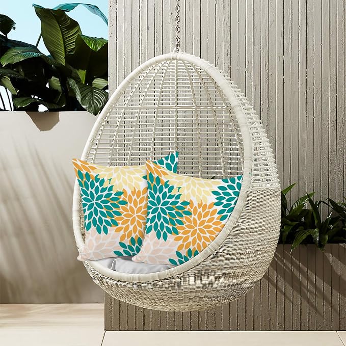 Yellow Blue Dahlia Floral Outdoor Pillow Covers 18x18 Set of 2 Waterproof Abstract Flower Summer Decorative Outdoor Pillow Covers for Patio Furniture Porch Couch Home Decoration (Teal Orange)