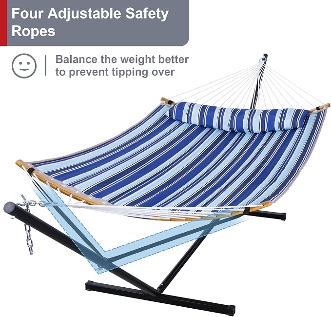 12 Ft Hammock with Stand for Outside, 2 Person Hammock Freestanding with Curved Spreader Bars, Pillow and Portable Bag, Heavy Duty 450 Lbs, Blue Stripes