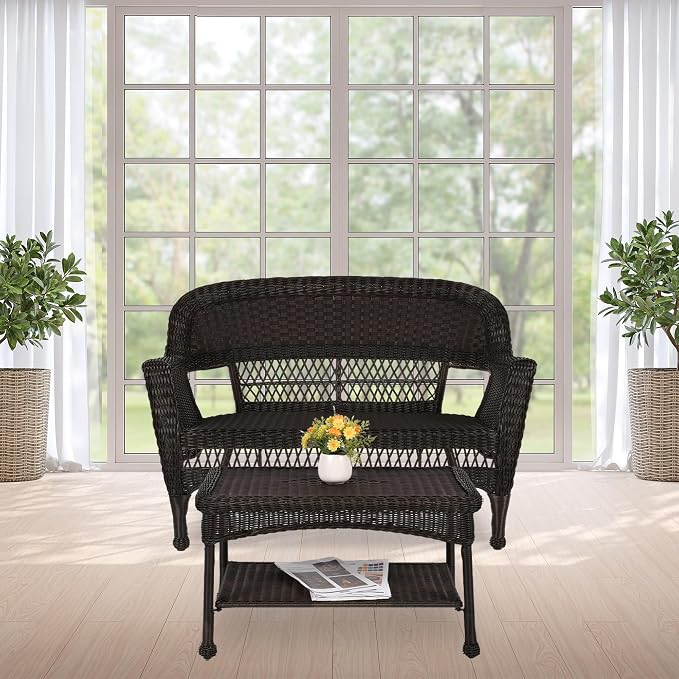 Jeco Wicker Patio Love Seat and Coffee Table Set without Cushion, Black