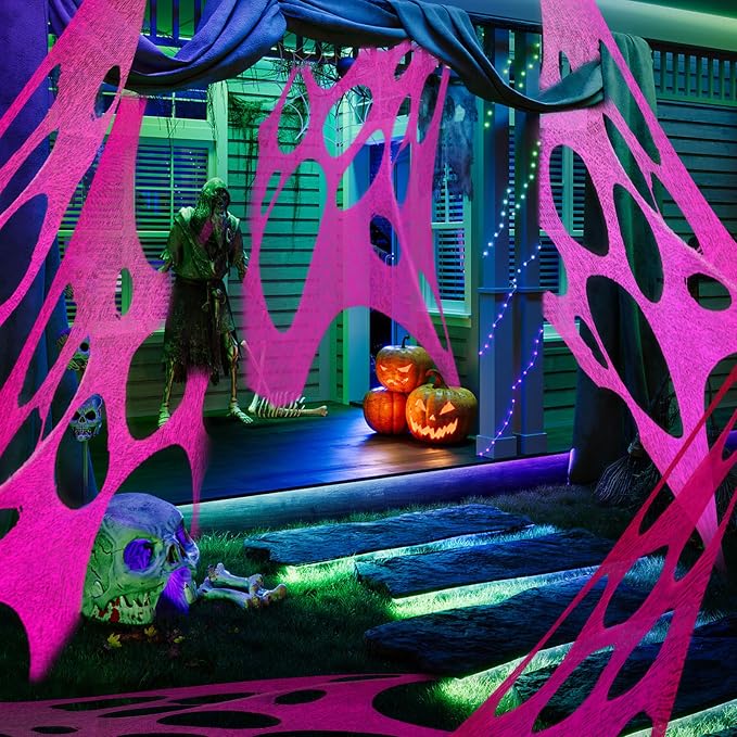 Glow in The Dark Pink 1000 Sqft Uncut Giant Spider Web Halloween Decorations Outdoor with 1 Black Light &10 Ground Nails Stretchy Beef Cloth Netting Cut-Your-Own for Yard Party