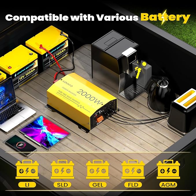 2000W Pure Sine Wave Inverter 12V DC to 120V AC Converter for Home, RV, Truck, Off-Grid Solar Power Inverter Built-in 3.1A USB, Type-C Port, AC Hardwire Output Port, Remote Control with LCD Screen
