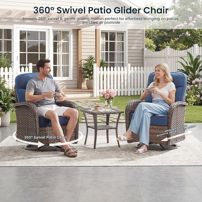 High Back Luxury Patio Furniture Set with 6-inch Thick Cushion, Swivel Rocker Patio Chairs with Outdoor Couch, 7 Piece Wicker Conversation Set for Deck Yard Garden Balcony Blue
