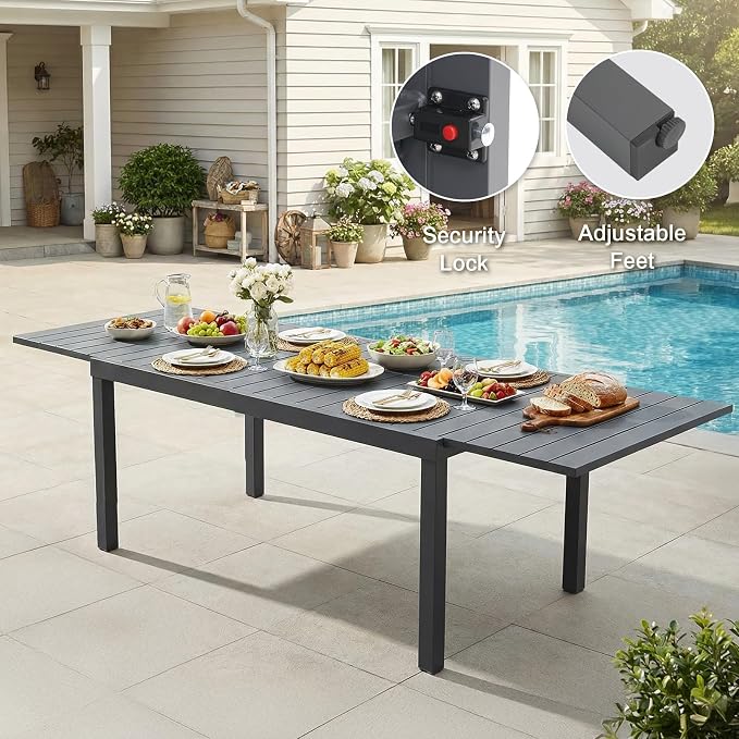 SUNSITT 7 Piece Outdoor Patio Dining Set, 63" - 105" Aluminum Expandable Outdoor Dining Table and 6 Woven Wicker Patio Chairs w/Curved Backrest for Garden, Dark Grey