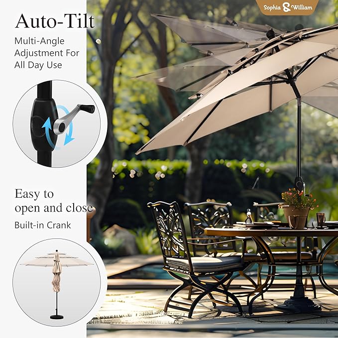 Sophia & William Patio Dining Set for 4 with 10ft 3 Tier Auto-tilt Umbrella, Outdoor Table Furniture Set with 4 x Metal Outdoor Chairs, 1 x Metal Square Dining Table and 1 Beige Patio Umbrella