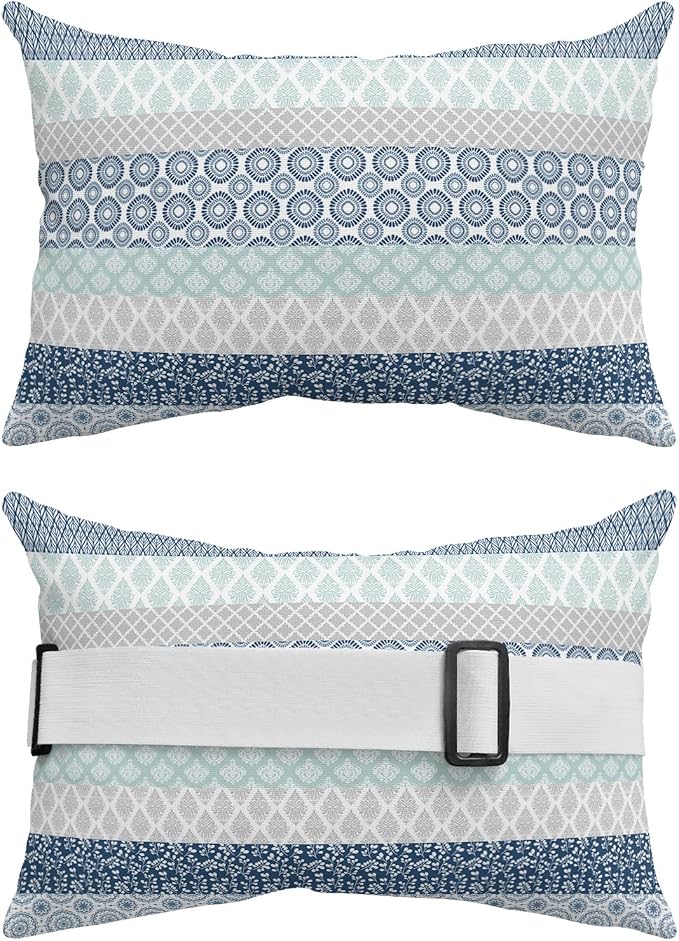 Outdoor Pillows Covers with Inserts Boho Geometric Floral Stripe Ethnic Blue Grey Waterproof Recliner Pillow with Adjustable Strap Throw Pillows for Patio Furniture Pool Lounge Chair, 11x16 inch, 2PCS