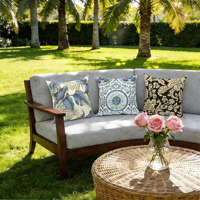 Outdoor Pillows with Insert 16x16 Inch, Waterproof Throw Pillow for Patio Furniture, Decorative Back Cushion for Garden Home Sofa Office Chair, Set of 2, Jacobean Black