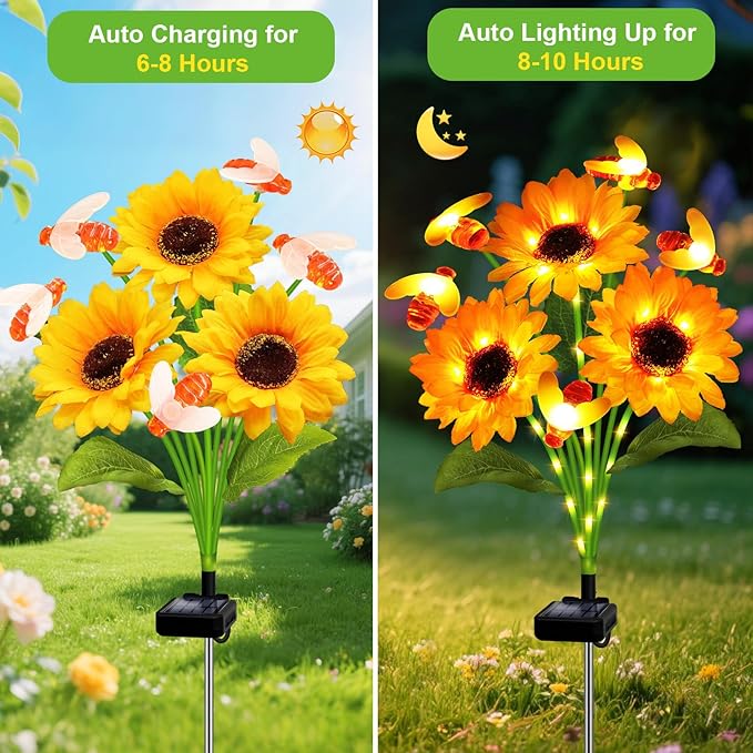 ANGMLN Solar Garden Lights 4 Pack Solar Swaying Bee Lights with Sunflowers, Gifts for Mom Women Mothers Day, Waterproof Firefly Flower Light for Outdoor Decor,Decoration for Patio Yard Landscape