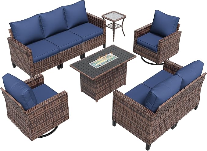 Amopatio Patio Furniture Set with Fire Pit Table, Wicker Outdoor Sectional Sofa with Swivel Rocker Chairs, All-Weather Rattan Conversation Set, Waterproof Cover for Backyard, Deck Brown/Navy 6 PCS