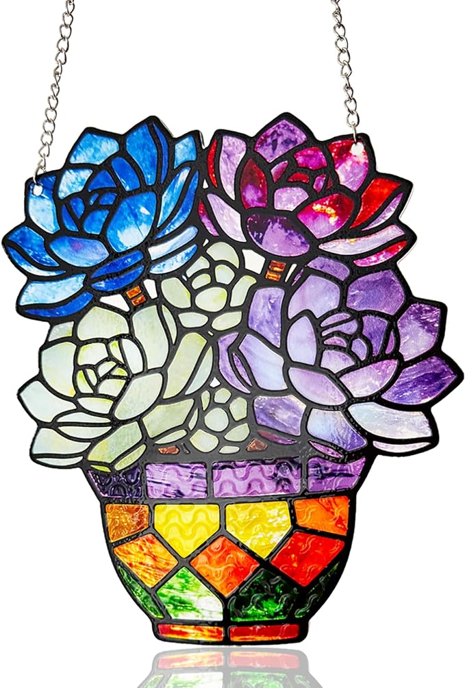Plant Suncatcher Glass, Stained Glass Suncatcher Plant Window Hanging, Unique Nature Lover Gifts Leaf (Succulent)