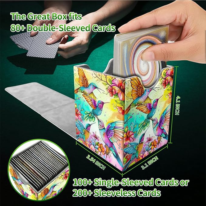 Deck Box for MTG, Cards Storage Box Fits 120+ Sleeved, Leather Medium Size Strong Magnetic Closing Card Case for Board Games Magic TCG CCG Baseball Collection, Four Birds Flowers