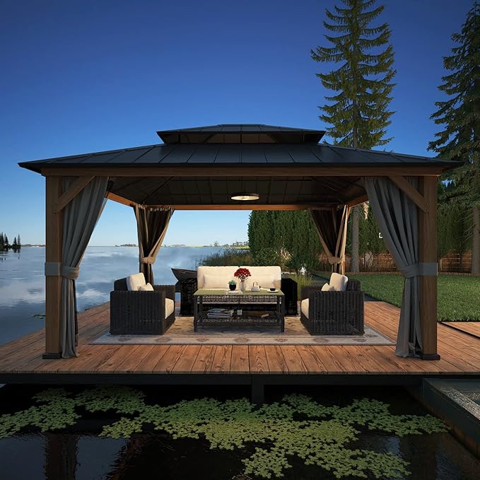 EAGLE PEAK 13x15 Hardtop Gazebo, Galvanized Steel Double Roof Gazebo with Cedar Wood Frame, Outdoor Pavilion with Netting and Curtains for Patio, Deck, Lawn and Garden, Natural Wood/Black