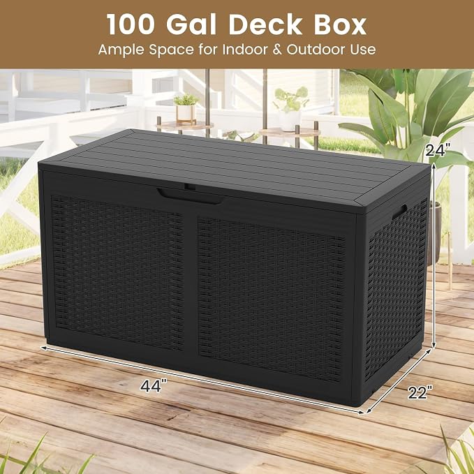 RELAX4LIFE 100-Gallon Resin Deck Box - Waterproof Outdoor Storage Box Container w/Lockable Lid & Wheels, Faux Rattan Porch Bench for Patio Furniture Cushions, Pool Accessories, Garden Tools (Black)