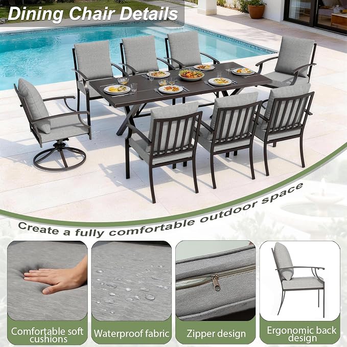 8 Pieces Patio Dining Set,Metal Outdoor Furniture Set Includes 13.6FT Grey Umbrella,Hole Cut-Out 78.7" x 35.4" Table and 6 Metal Backrest Chairs for Backyard,Garden,Grey