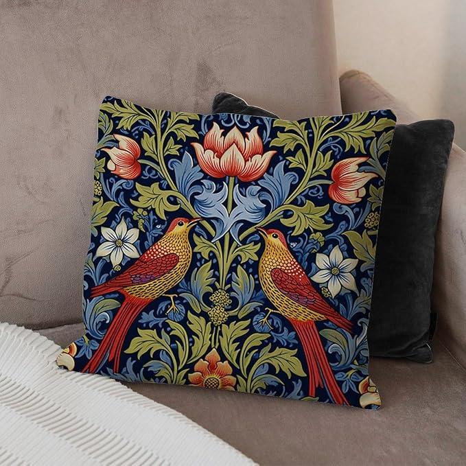 Throw Pillow Covers Red Bird Floral Flower Cushion Cases Farmhouse Chinoiserie Asian Botanical Pillow Cover Accent Outdoor Garden Decoration for Patio Couch Sofa Office 24x24 in