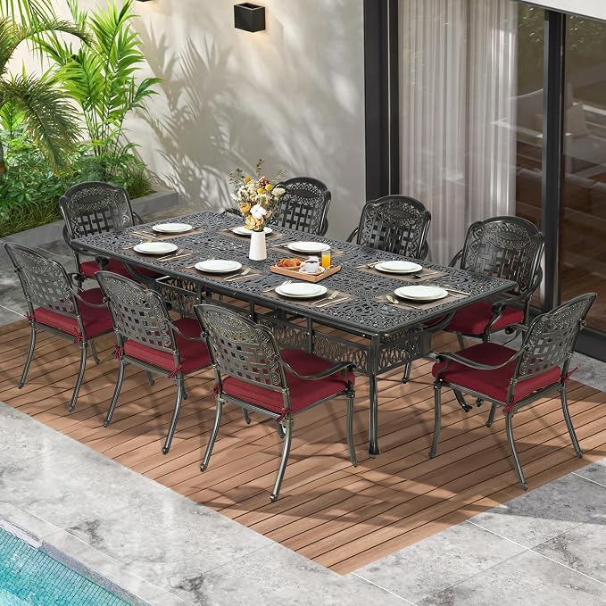 MEETWARM 9-Piece Outdoor Patio Dining Set for 8, All Weather Cast Aluminum Patio Funiture Table and Chairs Set- 94.5” Rectangular Table and 8 Cushioned Chairs for Garden, 2" Umbrella Hole, Chili Red