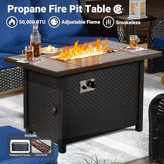 ovios 7 Pieces Patio Furniture Set with 42 inch Fire Pit Table, Outdoor Wicker Sofa Couch Swivel Rocking Glider Chairs, Modern Luxury Conversation Set, Brown Wicker, Navy Blue