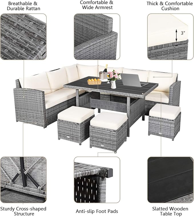 HAPPYGRILL 7 Pieces Rattan Wicker Patio Conversation Set, Outdoor Patio Furniture Set with Cushions, Rattan Sofa Set with Dining Table & Ottomans for Poolside Backyard Balcony Garden (Beige)