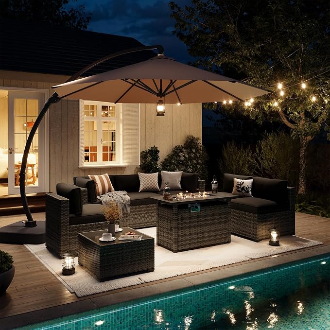 Aoxun Patio Furniture Sets, 9-Piece Outdoor Patio Furniture with 44'' Propane Gas Firepit Table and 11FT X 11FT Cantilever Umbrella, Wicker Outdoor Conversation Set for Backyard