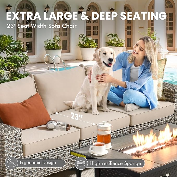 5 Pcs Patio Outdoor Furniture Set - All Weather Wicker Outdoor Sectional Sofa Couch with Coffee Table and Ottoman,Patio Modular Rattan Conversation Set for Garden Deck Yard,Beige