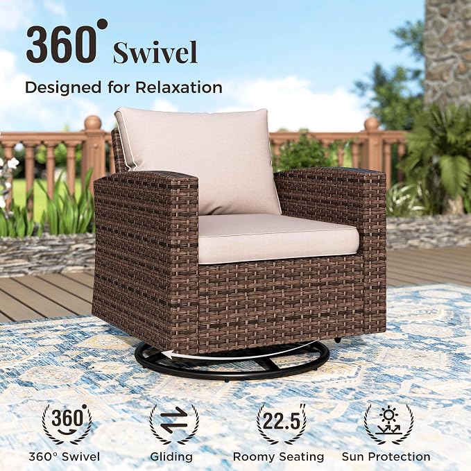 MIXPATIO Swivel Glide Outdoor Patio Furniture Set, 6 Pcs Wicker Patio Conversation Set, 2 x Swivel Chairs, 1 x 3 Seater Sofa and 2 x Ottomans with 4" Thick Cushions and 56" Fire Pit Table, Beige