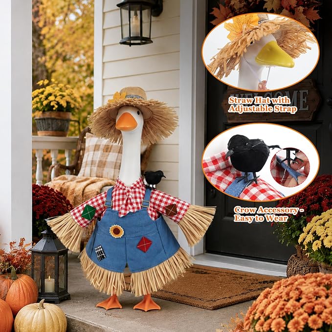 Fall Porch Goose Outfit Scarecrow Costume, Thanksgiving Porch & Yard Decor | Fits 23 Inch Goose Statues, 2-Piece Set with Scarecrow Hat & Crow, Autumn Porch, Patio, Lawn Garden Thanksgiving Decor
