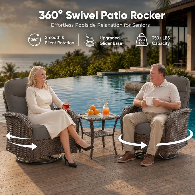 HUMMUH Outdoor Swivel Rocker Patio Conversation Set, 3-Piece, High Back | 6 in seat and back cushions, PE rattan, steel frames, 350 lb chair capacity, for deck, yard, and poolside