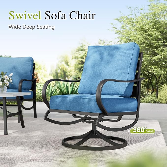 Sophia & William Patio Furniture Sets with 45" Gas Fire Pit Table Outdoor Metal Conversation Sets for 5, 2 x Swivel Cushioned Patio Sofa Chairs, 1 x 3-Seat Sofa 4 Pieces for Lawn Backyard Navy