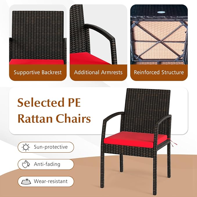 HAPPYGRILL 7-Piece Patio Dining Set Outdoor Rattan Wicker Furniture Set with Umbrella Hole, Steel Frame, Acacia Wood Tabletop & Removable Cushions, for Backyard, Porch, Garden