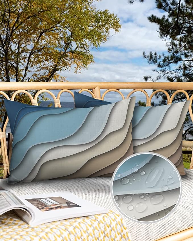 Funy Decor Outdoor Pillow Cover Geometric Blue Modern Waterproof Lumbar Throw Pillowcases Set of 2 Brown Abstract Decorative Patio Furniture Pillows for Couch Garden 20 x 12 Inches