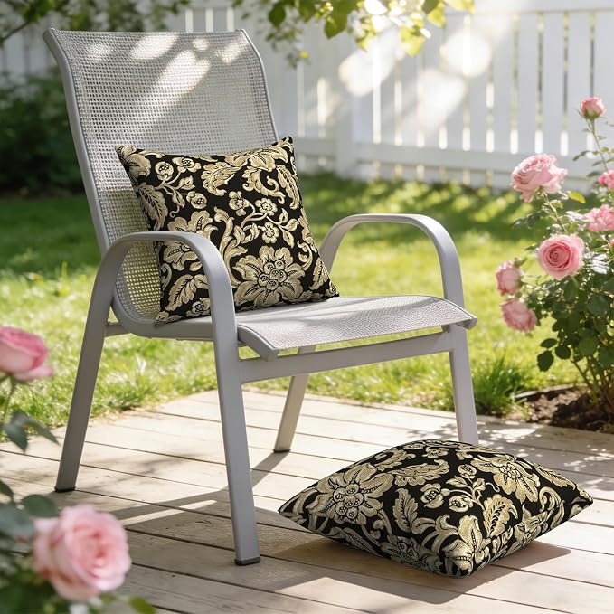 Outdoor Pillows with Insert 18x18 Inch, Waterproof Throw Pillow for Patio Furniture, Decorative Back Cushion for Garden Home Sofa Office Chair, Set of 2, Jacobean Black