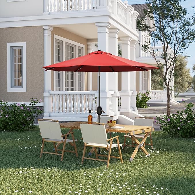 10FT Patio Umbrella with Solar Lights, Outdoor Table Umbrella with Tilt & Crank, 8 Ribs Waterproof UV Protected for Pool, Deck, Backyard, Red