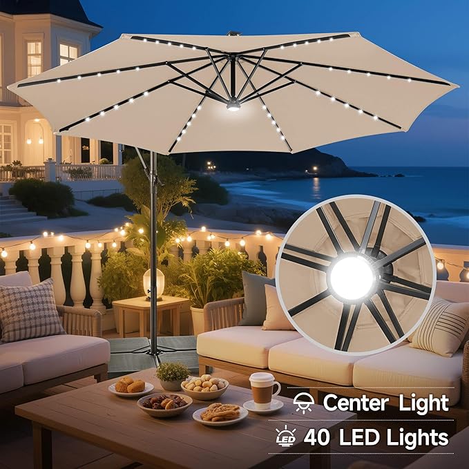 FLAME&SHADE 10ft Solar Cantilever Umbrella with 40 LED Lights, Lighted Large Offset Outdoor Patio Umbrellas, 8 Sturdy Ribs, UPF50+ UV Protection for Pool Deck Garden Yard, Beige