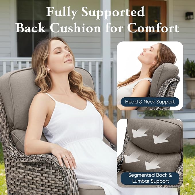 Belord Luxury 6" Thick Cushioned 5 Pieces Patio Furniture Set with Fire Pit Table, Wicker Outdoor Conversation Set with High Back Swivel Rocker Chairs for Deck Porch Yard and Poolside - Grey+Grey