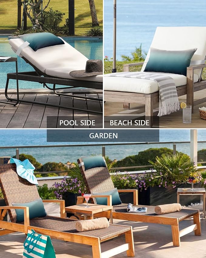 Outdoor Pillows Covers with Inserts Grey Turquoise Stripe Gradient Waterproof Recliner Pillow with Adjustable Strap Throw Pillows for Patio Furniture Pool Lounge Chair, 11x16 inch, 2PCS