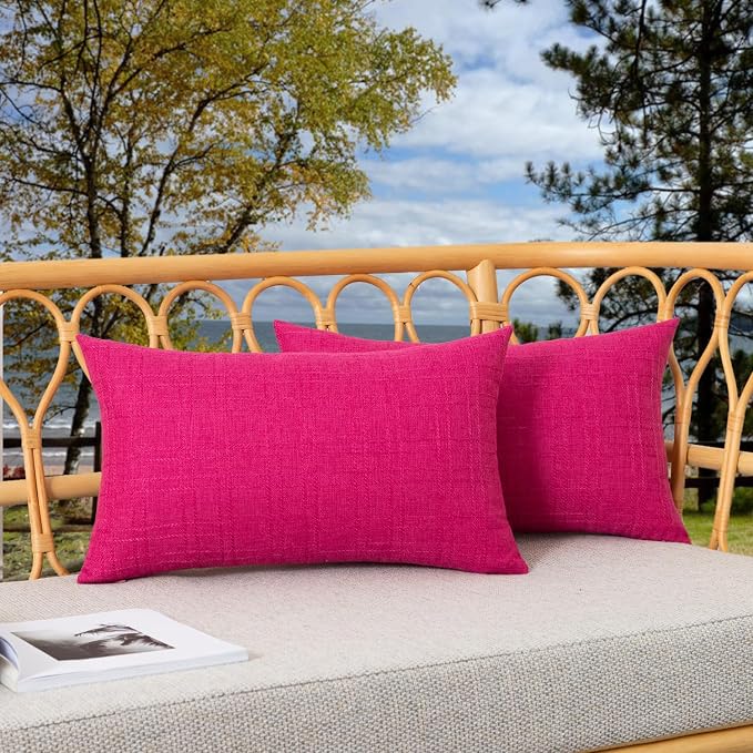 Kevin Textile Outdoor Waterproof 12”x20” Pillow Covers 2 Pack, Hot Pink | Water Resistant, Soft Faux Linen-cotton Yarn-dyed Woven Texture Throw Pillow Covers for Tent Patio Garden Couch Sofa