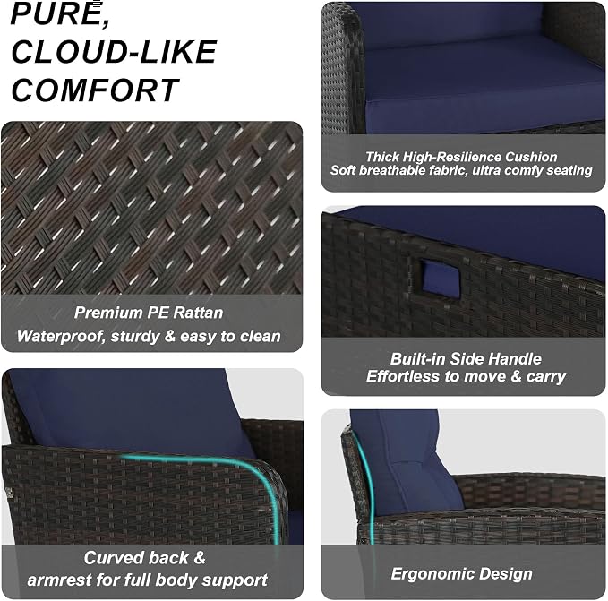 5 Piece PE Wicker Patio Furniture Set, Outdoor Conversation Chairs with Pull Out Hidden Ottoman, Soft Cushions & Glass Coffee Table, Wicker Bistro Set for Porch, Garden, Balcony, Poolside (Blue)