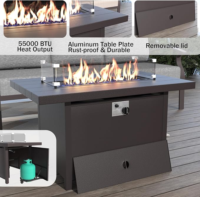 ALAULM Aluminum Patio Furniture Set with Propane Fire Pit Table 7-seat Metal Outdoor Furniture w/Swivel Chairs Patio Sectional Sofas w/2 Ottomans for Porch, Backyard, Poolside-Grey