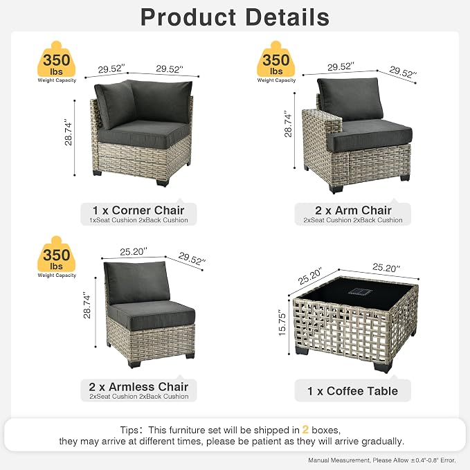 WEAXTY 6 Pieces Patio Furniture Set, Outdoor Sectional Sofa Couch with Solar Coffee Table, All-Weather Outside Furniture Patio Conversation Sets for Backyard Porch Balcony (Black)