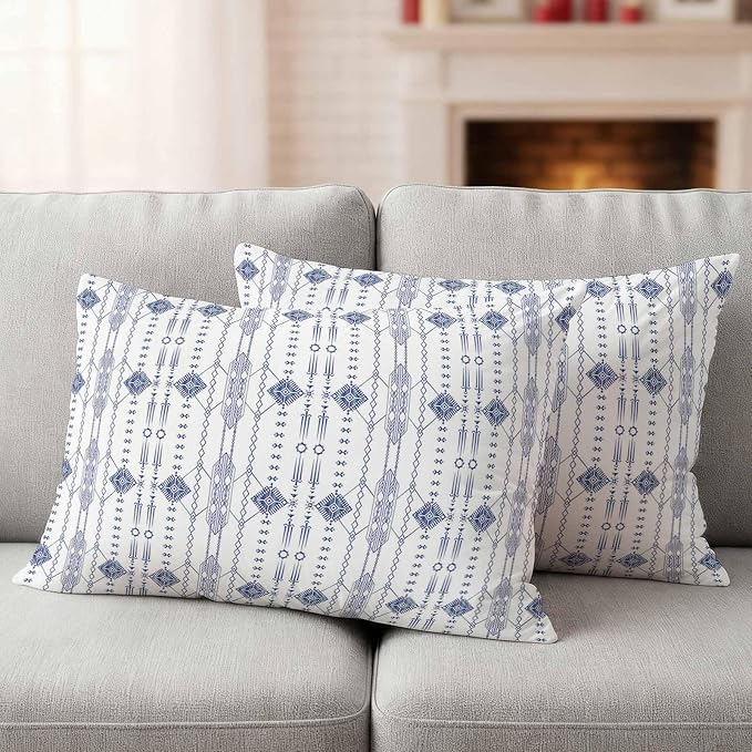 Outdoor Waterproof Pillow Covers Ikat Ethnic Seamless Decorative Throw Pillow Protectors,Indian Tribal Texture on White Pillowcase Cushion Cases for Patio Sofa Garden Couch,20x12in,Pack of 2