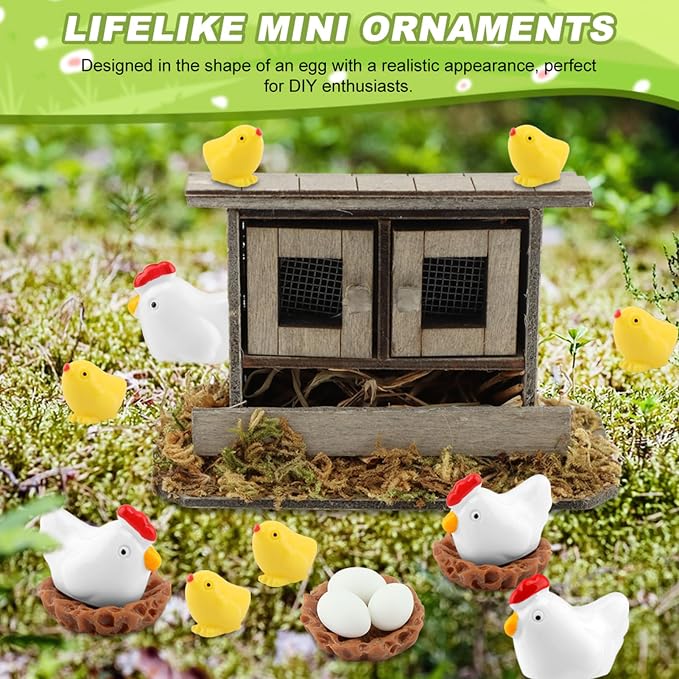 Fairy Garden Mini Chicken Coop Decor, 26-Piece Farm Scene Set | Includes 1 wood coop 3 hens 3 chicks 3 eggs 3 nests, doors open and close, store pieces together to avoid loss