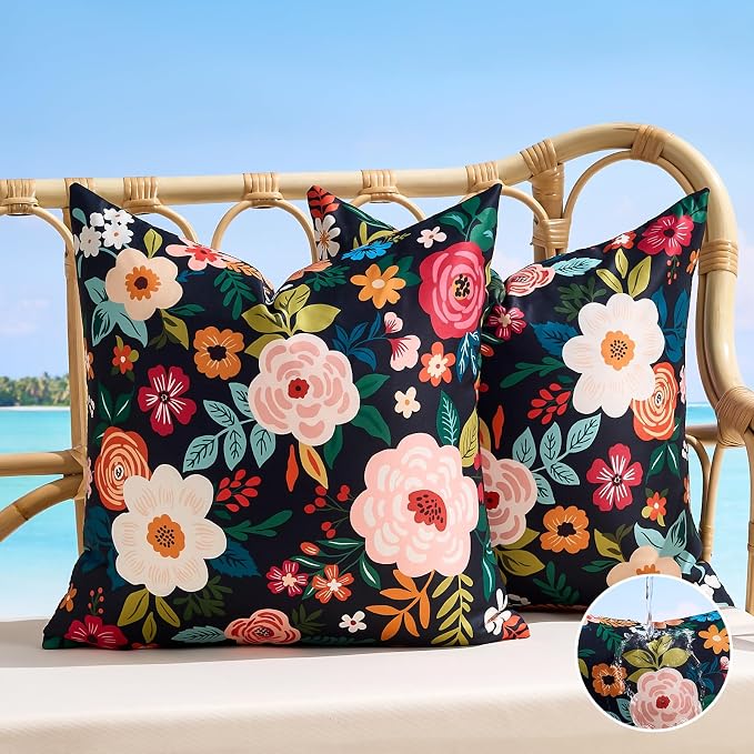 Outdoor Waterproof Floral Pillow Covers Decorative Throw Pillow Covers Summer Black Accent Square Couch Covers Garden Farmhouse Cushion Cases 16x16 Inch Set of 2 for Patio Tent Balcony Furniture Sofa