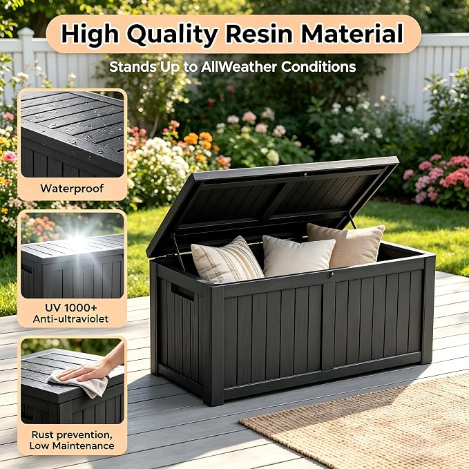 270 Gallon Extra Large Deck Box Outdoor, Resin Storage Box Outdoor Waterproof, Lockable Garden Storage Bench, Holds Patio Furniture, Pool Supplies & Equipment, Hydraulic Rod, UV-Proof, Black